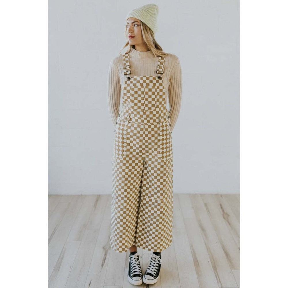 ROOLEE Cream & Brown Checkered Overalls wide-leg cropped large